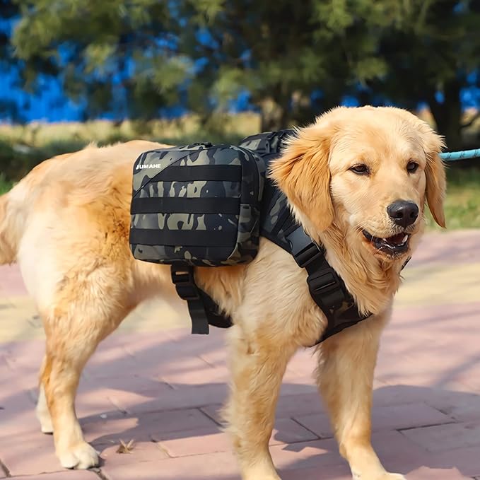 BYGD Dog Saddle Backpack for Hiking, Lightweight Waterproof Harness with Removable Bags for Large Dogs, Outdoors (Camo)
