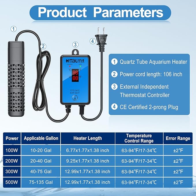 HiTauing Aquarium Heater, Upgraded 100W Fish Tank Heater with Intelligent Leaving Water Automatically Stop Heating and Advanced Temperature Control System, Suitable for Saltwater and Freshwater