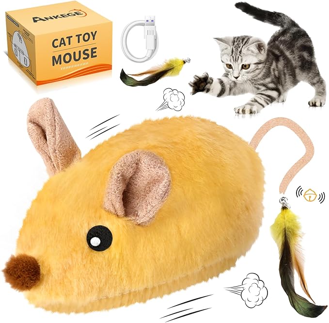 Interactive Cat Toys Mouse for Indoor Cats Rechargeable Cat Toy Mouse Toy Feather Bell Tail Lifelike Electric Automatic for All Breeds Boredom Exercise-Yellow