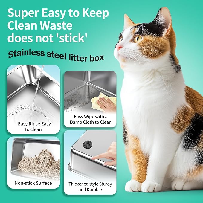 XL Cat Litter Box,24" Stainless Steel Litter Box,Large Big Cats,Extra Large Kitty 17" High Wall Sides Enclosure,Non-Sticky Easy Cleaning,Include Litter Scoop