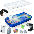 Aquatic Turtle Tank Habitat Kit Stone+Filter+Heat Lamp Enhancing Interaction with 360° Viewing, Standalone Filtration, DIY Creative Zone, Enriched Living (Blue, X-Large[with Light])
