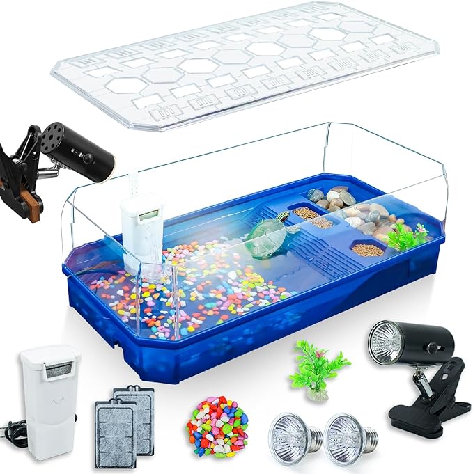 Aquatic Turtle Tank Habitat Kit Stone+Filter+Heat Lamp Enhancing Interaction with 360° Viewing, Standalone Filtration, DIY Creative Zone, Enriched Living (Blue, X-Large[with Light])