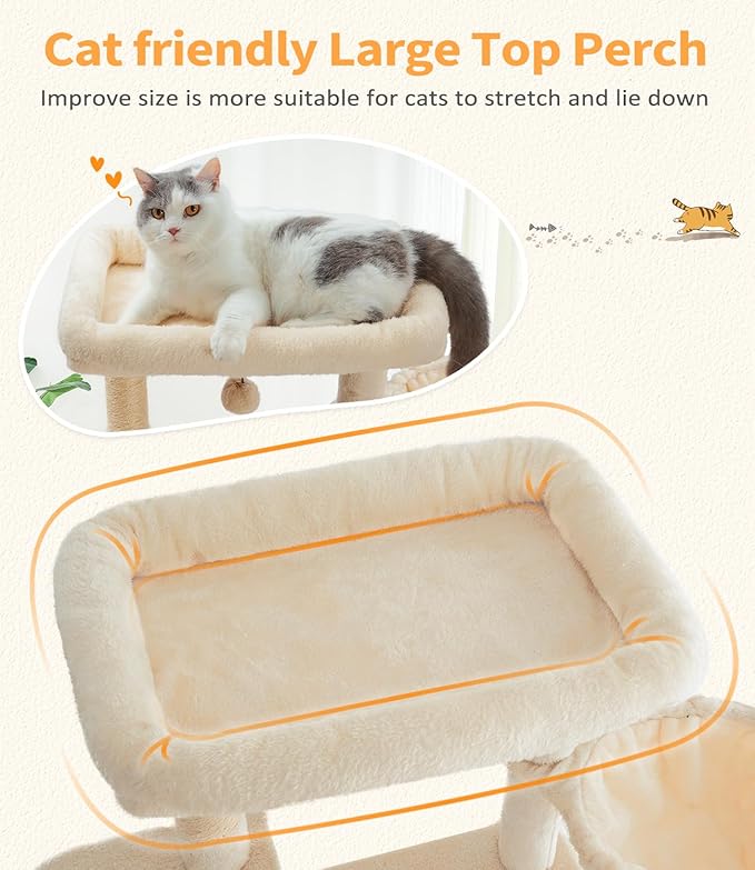 Cat Tree Large Cat Tower Tree 68" Multi-Level Cat Tower for Indoor Cats with Sisal Scratching Posts, Widen Cat Perche, Square Hammock, 2 Widen Condos, Scratching Posts, Beige