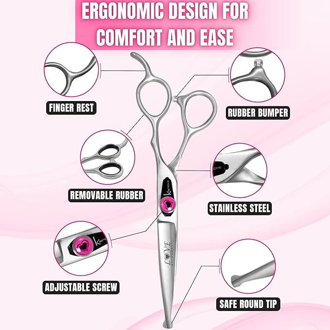 Kenchii Love Dog Grooming Scissors, 6.5 Inch Straight Balltip Shears, Dog Scissors for Grooming, Professional Pet Grooming Scissors, Safety Round Tip Shears