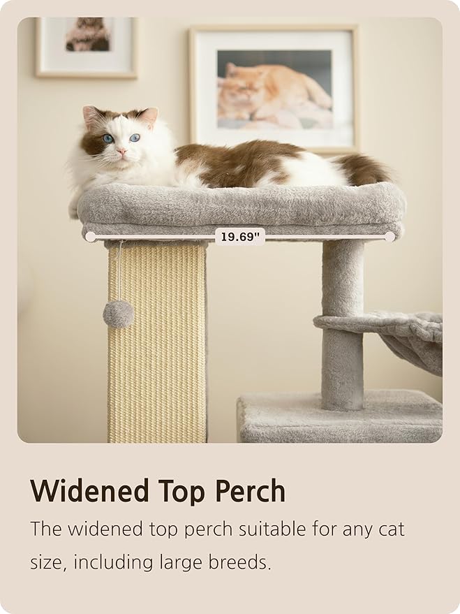 Ouritsu Cat Tree, 27 inch Cat Tower for Large Cat Indoor, Enlarged Condo, 1 Widened Padded Perch, Luxury Tall Scratching Post, Fluffy Basket, Light Gray, MF002GA