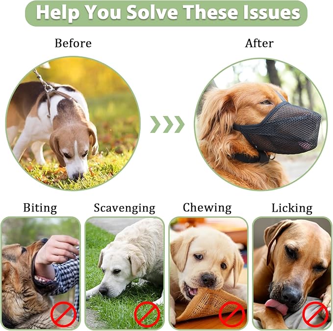Mayerzon Dog Muzzle, Patented Soft Mesh Muzzle for Small Medium Large Dogs for Scavenging Biting Licking and Chewing, Allows to Pant and Drink (XXS, Black)