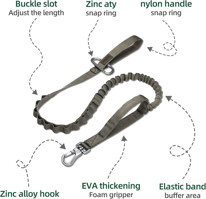 Excellent Elite Spanker Tactical Bungee Dog Leash Military Adjustable Dog Leash Quick Release Elastic Leads Rope with 2 Control Handle(Ranger Green)