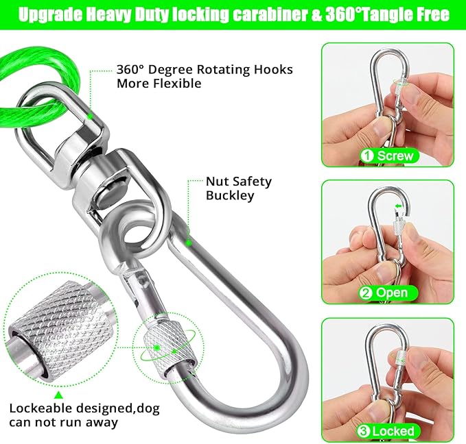Jenico Dog Tie Out Cable - 10/15/20/30/40/50/70/100/150FT Runner Cable with Swivel Hook and Shock Spring, Leash Tether for Yard, Outdoor and Camping, Up to 500 LBS