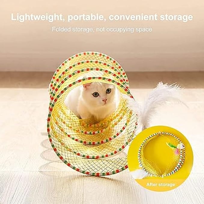 Folded Cat Tunnel Toy for Indoor Cats, 2 PCS Collapsible Pet Spring Cat Toys with Feather Mouse Upgrade Interactive Toy Playing Tent for Puppy Kitten Accessories Home