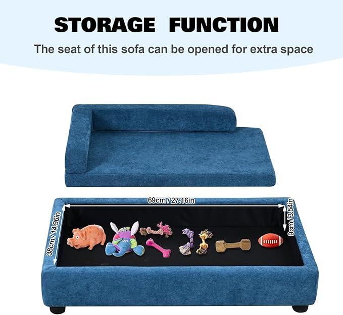 AFBKSS&BB Pet Sofa with Hidden Storage for Puppy and Cat,Linen Fabric Dog Sofa,Cat Couch with Wooden Frame (Blue)