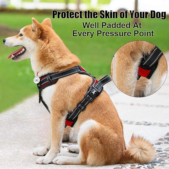 PoyPet No Pull Dog Harness, Reflective Comfortable Vest Harness with Front & Back 2 Leash Attachments and Easy Control Handle Adjustable Soft Padded Pet Vest for Small to Large Dogs (Red,XL)
