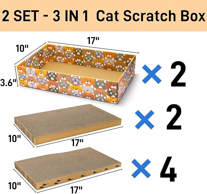 Set of 2 Cardboard Cat Scratchers, 6 Pcs Corrugated Cat Scratch Pad with 2 Boxes, Cute Reversible Kitty Sofa Bed, Refillable Wave Shaped Lounge, Interactive Kitten Toy for Indoor Cats