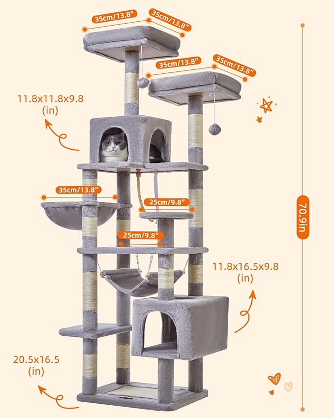 Taoqimiao Cat Tree, 71-Inch Cat Tree Cat Tower for Indoor Cats, Plush Multi-Level Cat Condo with 10 Scratching Posts, 2 Perches,Basket, 2 Caves,Hammock, 2 Pompoms,MS020W Light Gray