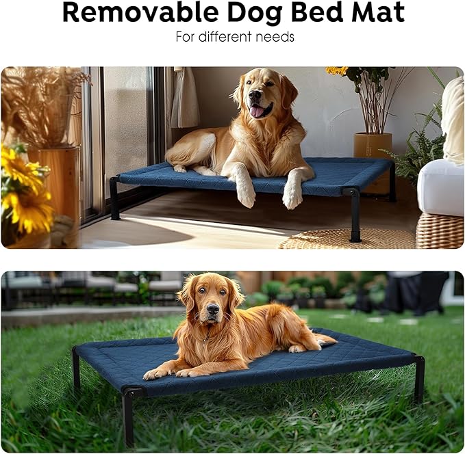 Veehoo Soft Plush Elevated Dog Bed, Raised with Heavy Duty Frame, Non-Slip Silicon Feet, Washable & Breathable Pet Cot for Indoor/Outdoor Use, 35" x 22", Navy Blue, CWC2432A