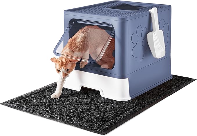 Cat Litter Box with X-Large Litter Mat and Scoop, Large Foldable Litter Box with Lid, Enclosed Kitty Box,Front Top Entry Exit, Odor Control Easy to Clean (Upgrade Midnight)
