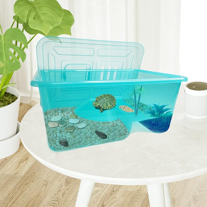 Fhiny Turtle Tank with Lid, Plastic Reptile Terrarium Turtle Breeding Box with Basking Platform Tortoise Aquarium for Crayfish Hermit Crabs Geckos Lizards Habitat Prevent Escaping (Small)