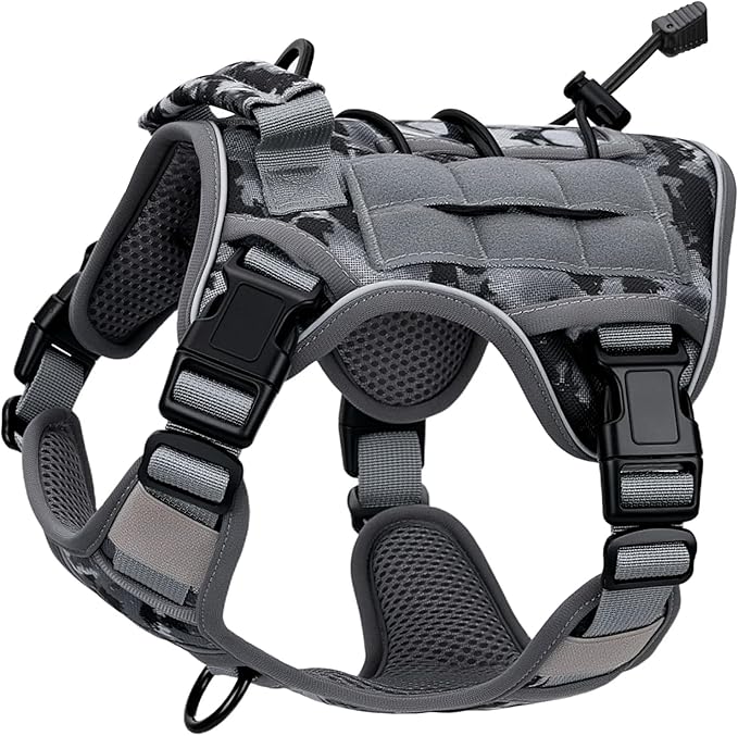 Heavy-Duty Tactical Dog Harness for Large Dogs, No Pull Adjustable Reflective Pet Vest with Molle System, K9 Military-Grade Control for Service Training, Outdoor & 10+ Breeds, Gray Camo, Small