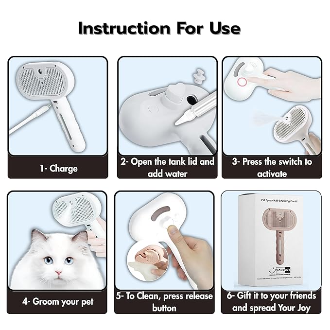 4 in 1 Cat Steam Brush: steam brush for cats, Grooming, Shedding, Mist Spray, Hair Removal Comb & Massager, USB Rechargeable Self Cleaning cat steam brushes for indoor cats - Pink