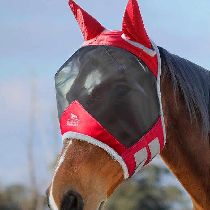 Harrison Howard CareMaster Pro Luminous Horse Fly Mask Large Eye Space Standard with Ears UV Protection for Horse Red M Cob