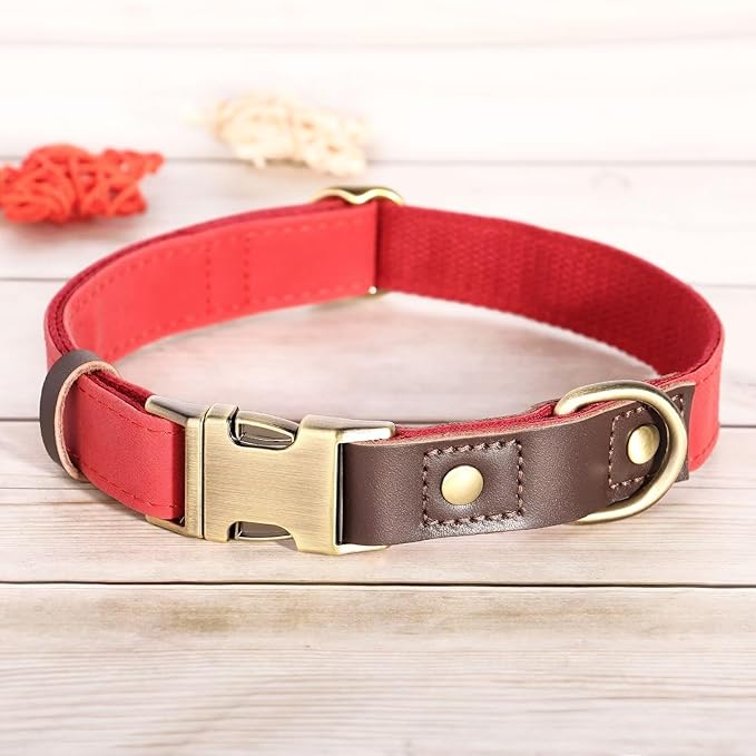Didog Soft PU Leather Dog Collar for Large Dogs,Classic Adjustable Dog Collars with Quick Release Metal Buckle,Easy Clean and Comfortable with Nylon Lining,Red,L Neck 15-23"