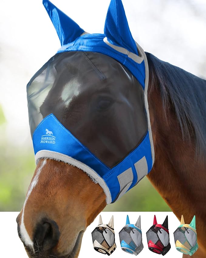 Harrison Howard Pro Luminous Horse Fly Mask Large Eye Space Standard with Ears UV Protection for Horse Signature Blue Medium Cob
