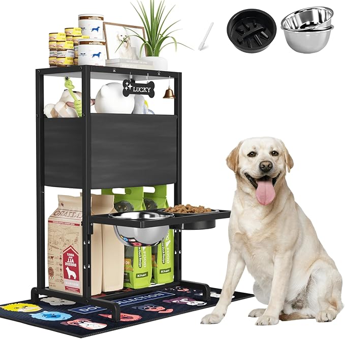 Elevated Dog Bowls, Height Adjustable Raised Dog Bowl Stand (4.5'' to 12''), Organizer Bowl Holder for Large Medium Dogs