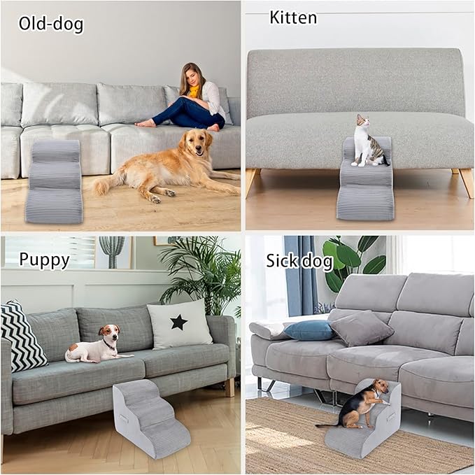 High Density Foam Dog Stairs Steps, 17.8’’ Non-Slip Extra Wide Deep Pet Steps for Beds Or Couches, for Injured or Older Pets Dogs and Cats with Joint Pain, 3-Tiers (Grey)