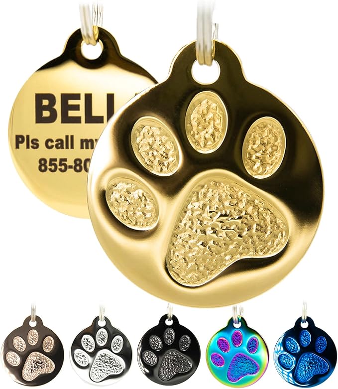 Engraved Pet Tag for Dogs and Cats - Personalized Front & Back up to 4 Lines of Text Custom Engraved ID, Round Paw Print Solid Plating Stainless Steel Gold Small