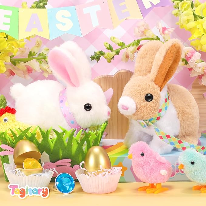 Tagitary Plush Easter Bunny Toys for Kids,Hopping Interactive Rabbit with Leash,Golden Egg,and Wind Up Toys,That Making Sounds,Wiggling Ears,Twitching Nose,Easter Basket Stuffers Gift for Toddlers
