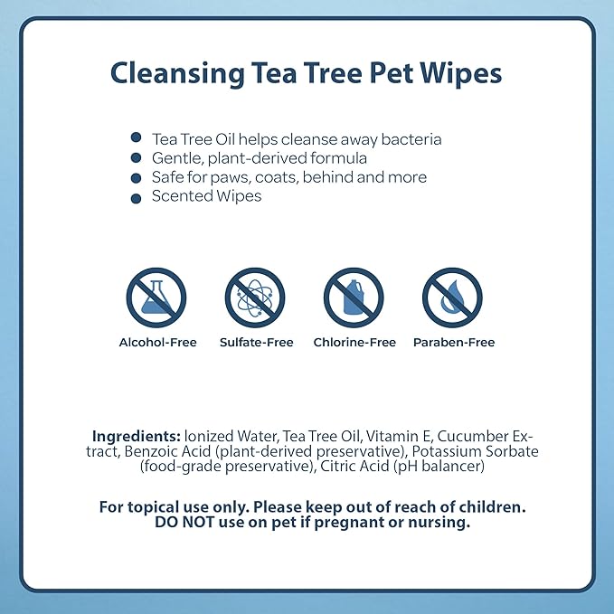 Best Pet Supplies Pet Wipes for Dogs - Dog Wipes Cleaning Deodorizing, for Coats, Ears, Paws - Cleansing Tea Tree, 100 Count