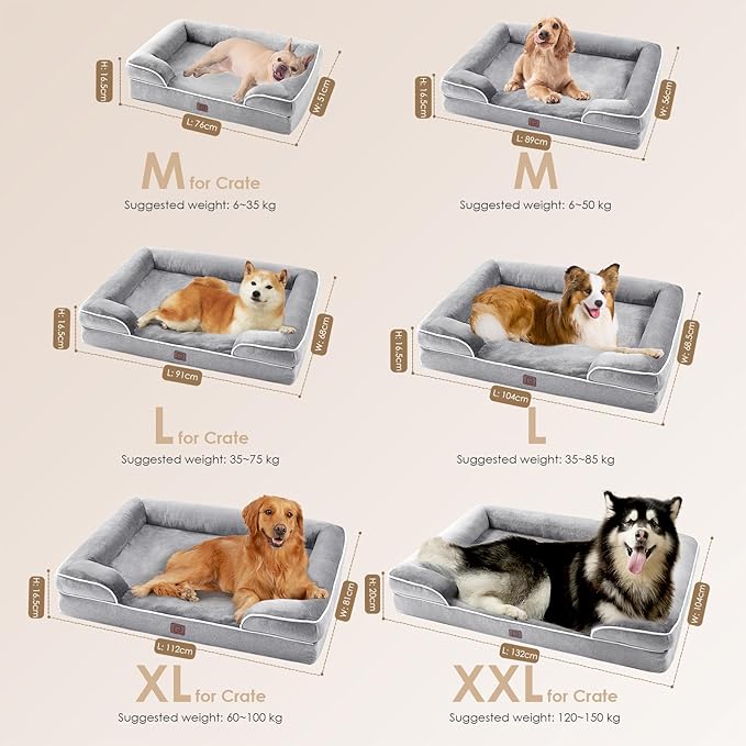 EHEYCIGA Orthopedic Dog Beds Large Sized Dog, Waterproof Memory Foam Pet Bed with Sides, Non-Slip Bottom Large Pet Bed with Washable Removable Cover, Grey