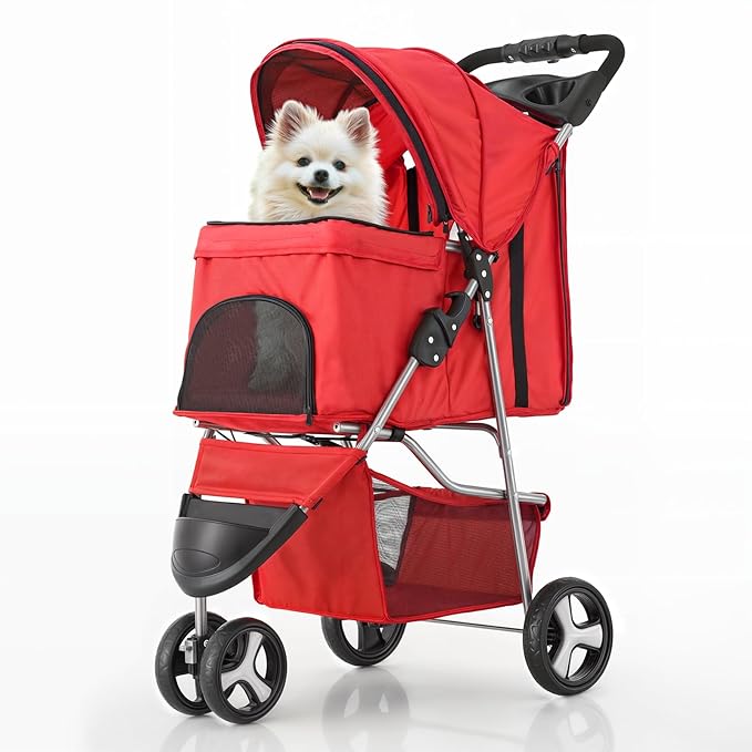 MoNiBloom 3 Wheels Pet Stroller, Foldable Puppy Cage Jogger Stroller with Weather Cover for All-Season, Storage Basket and Cup Holder, Breathable and Visible Mesh for Small/Medium Pets, Red