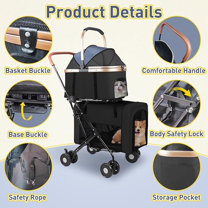 Double Pet Stroller for 2 Dogs or Cats, Folding Dog Stroller with 2 Detachable Carrier Bags, Safety Belt, 4 Lockable Wheels, Separate Compartments, for Multi-Pet Homes (Black)