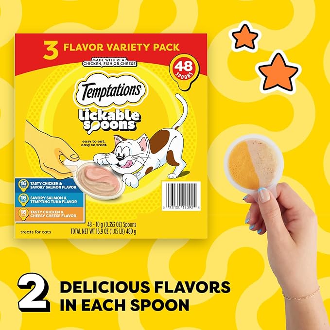 Temptations Lickable Spoons Adult Wet Cat Treats, 48 Spoons, Variety Pack