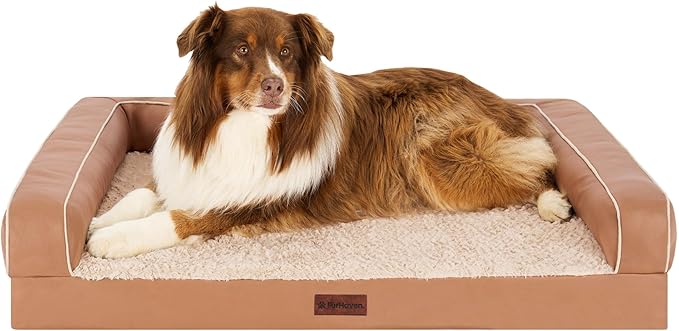 FurHaven Orthopedic Dog Sofa Bed – Memory Foam Couch with Bolsters, Textured Plush & Water-Resistant Cover, Washable Cover, Joint Support - Camel, Jumbo