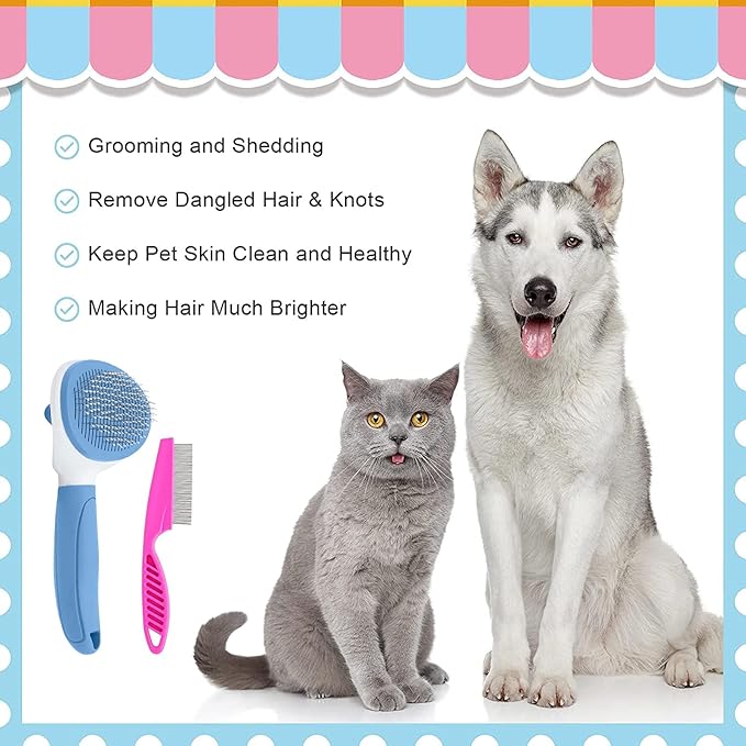Cat Brush for Shedding and Grooming, Pet Self Cleaning Slicker Brush with Cat Hair Comb by KALAMANDA (Blue)