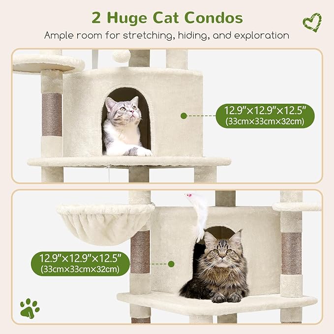 Globlazer Corner Cat Tree Tower for Large Cat, 66inch Tall Large Cat Tree Condo for Multiple Indoor Cats with 6 Scratching Posts, 2 Spacious Cat Condos, Soft Hammock, Hanging Basket, C66, Light Beige