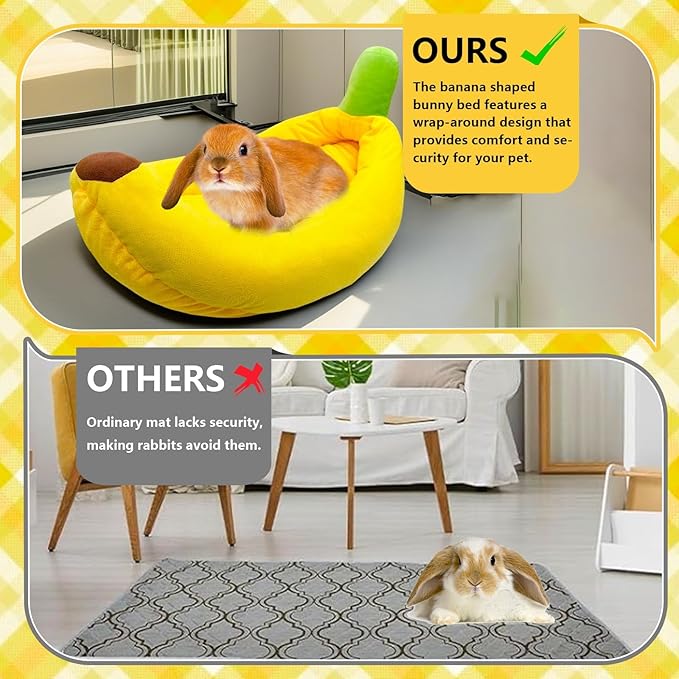 Bunny Bed,Rabbit Bed,Thick&Soft with Removable Mat,Machine Washable Guinea Pig Cushion,Cozy Bunny Plush House,Warm Small Animal Sleeping Beds(Yellow Banana Shape-M)