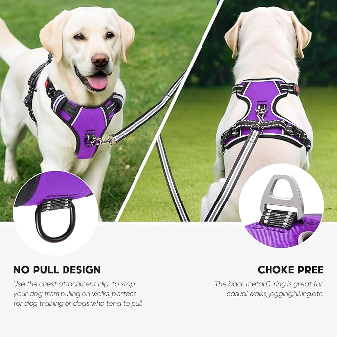 Timos Dog Harness Large Sized, No Pull with Neck Lockable Snap,No Choke Front Clip Dog Reflective Harness,Adjustable Metal Rings 3 Buckles,Easy Control Handle for Large Dogs Purple XL