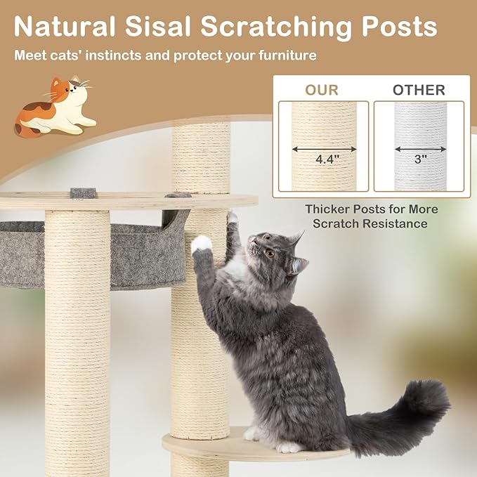 Tangkula Wood Cat Tree, 59 Inch Multi-Level Cat Tower with Top Padded Perch, Hammock, 3 Platforms & Sisal Scratching Posts, Large Modern Cat Tree Tower for Indoor Cats Kittens (59 Inch)