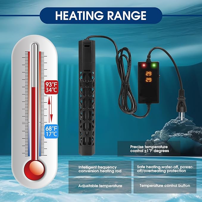 500w Aquarium Heater, Submersible Fish Tank Heater,Intelligent Frequency Conversion with Over-Temperature Protection and Automatic Power-Off When Leaving Water for