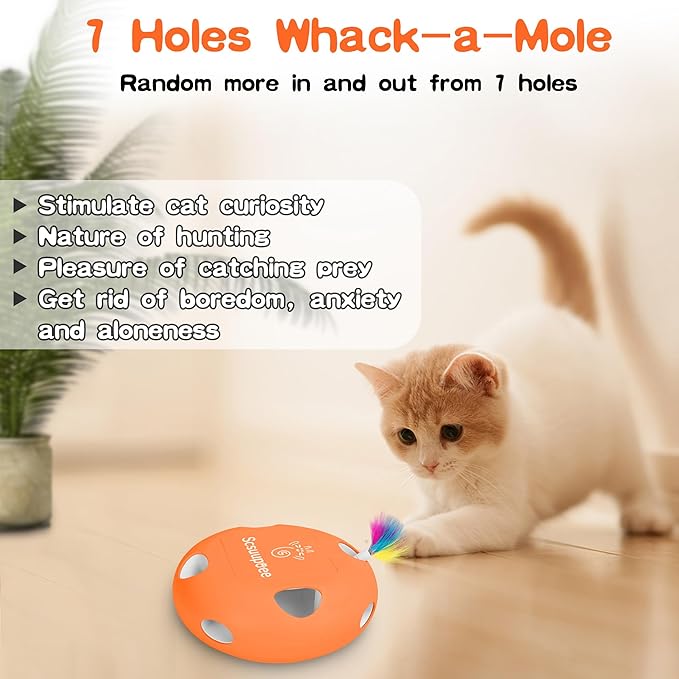 Interactive Cat Toy, Electric Cat Toys for Moving Concealed Feathers, Smart Sensor 7 Holes Whack a Mole Feather Toy, USB Charge Automatic Kitten Toys,Orange