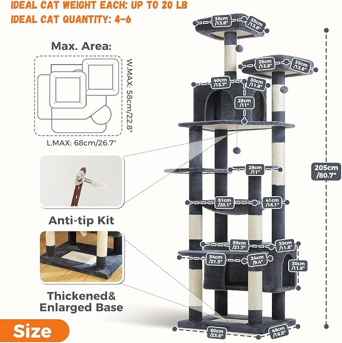 PAWZ Road Heavy Duty Cat Tree for Large Cats, 81 Inches Tall Cat Tower with 2 Perches, 2 Condos and Spacious Hammock, XL Extra Large Condo with 7 Scratching Posts for 20lb+ Adult Cats, Dark Gray