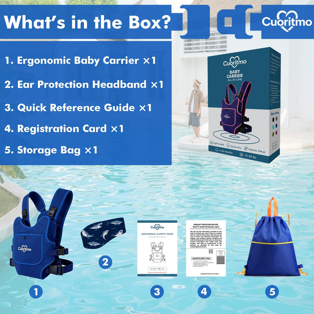 Neoprene Baby Carrier for Newborn to Toddler, Waterproof Front Carry Holder with Adjustable Straps, Lightweight for Beach, Pool & Summer, Light Bule