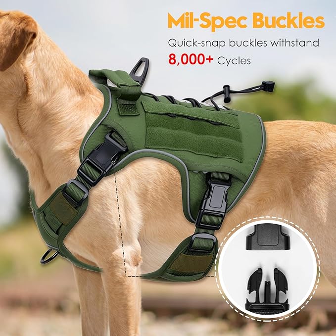 Heavy-Duty Tactical Dog Harness for Large Dogs, No Pull Adjustable Reflective Pet Vest with Molle System, K9 Military-Grade Control for Service Training, Outdoor & 10+ Breeds, Green, X-Large