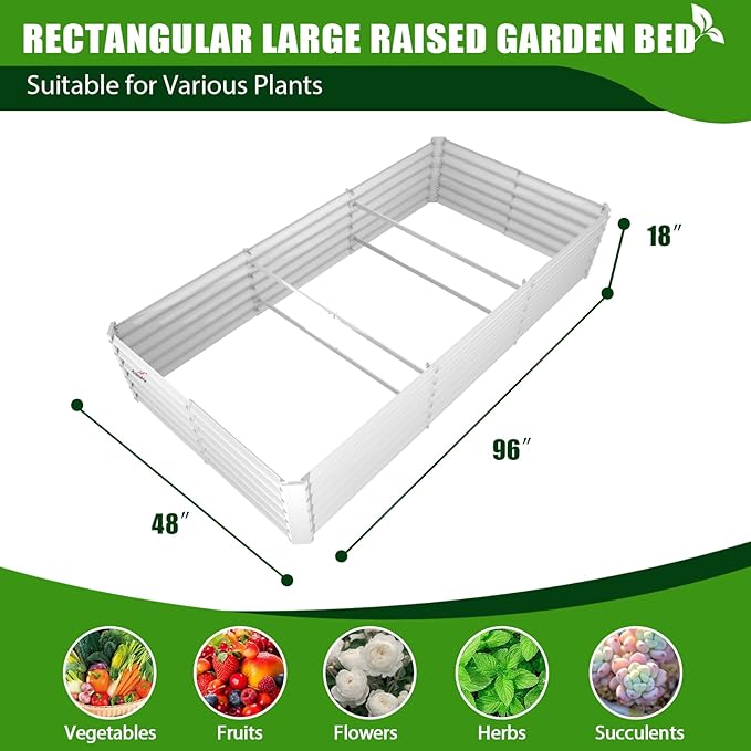 A ANLEOLIFE 8X4X1.5 ft Galvanized Raised Garden Bed, Rectangle Above Ground Modular Metal Planter Boxes Outdoor for Vegetables Flowers Herbs, Anti-Rust & Easy-Setup, Antique White
