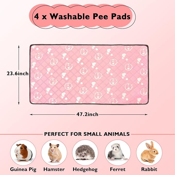 4 Pack Guinea Pig Bedding - Washable Guinea Pig Liners for Midwest Cage, Waterproof Reusable Pee Pads Super Absorbent Mats for Small Animals Pet Rabbit Bunny Hamster Rat (Pink, 48 x 24 Inch)