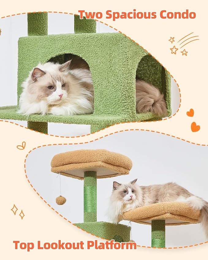 Taoqimiao Cat Tree, 66.2-Inch Cat Tower for Indoor Cats, Plush Multi-Level Cat Condo with 7 Scratching Posts, 2 Perches, 2 Caves, Hammock, 2 Pompoms, MS013T Cactus