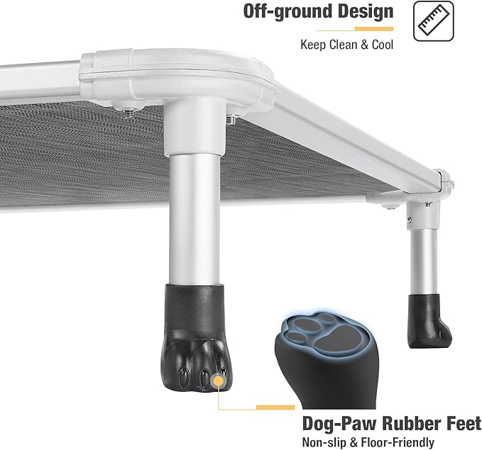 Veehoo Chew Proof Elevated Dog Bed - Cooling Raised Pet Cot - Silver Aluminum Frame and Durable Textilene Mesh Fabric, Unique Designed No-Slip Feet for Indoor or Outdoor Use, Black Silver, Large