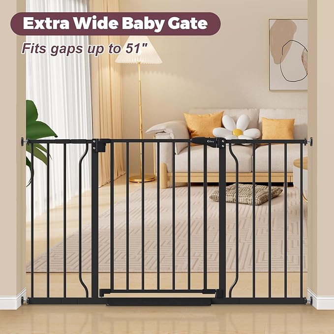 29"-51" Baby Gate for Stairs, Auto Close Stroller Friendly Dog Gate Indoor for Doorways, Pressure Mounted Baby Gate, Easy Walk Through Gate for Children & Pets, Black